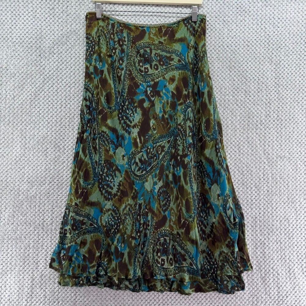 VTG Style & Co Skirt Womens 14P Green Brown Paisley Print A Line Earth Fairy Y2K